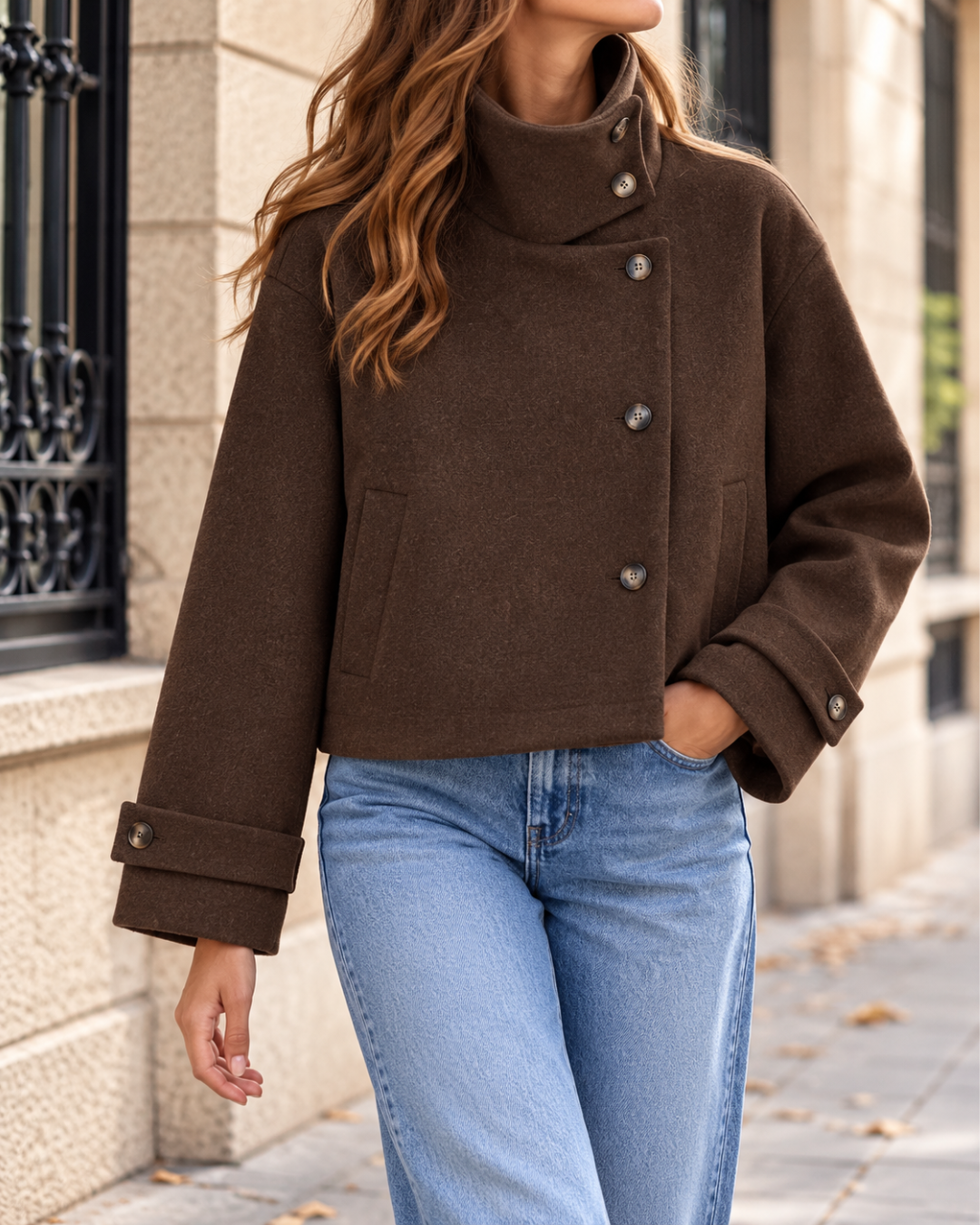 Veste courte femme camel à col montant asymétrique, fermeture boutonnée noire, poches latérales et manches longues avec pattes boutonnées