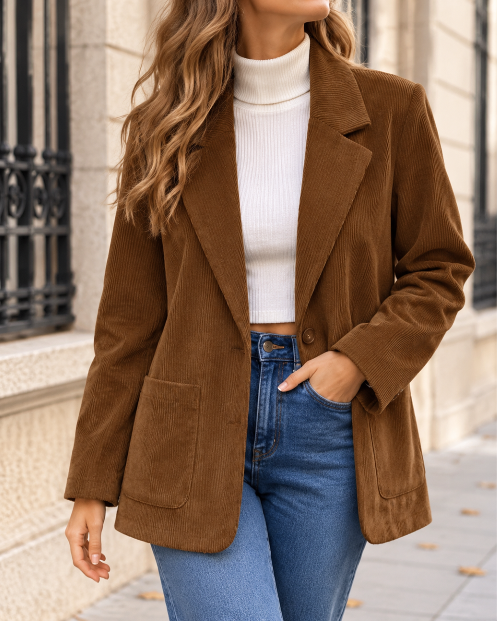 Veste blazer femme marron en velours côtelé, coupe droite, col à revers, fermeture boutonnée et poches plaquées