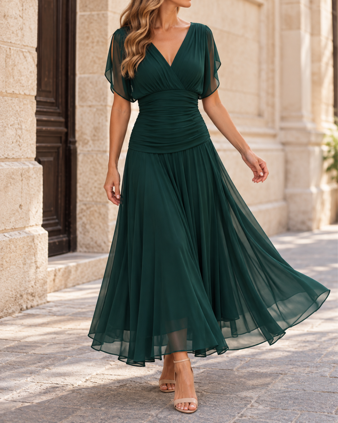 Robe longue de soirée femme vert foncé en mousseline, vue de dos, manches courtes transparentes, taille cintrée avec détails froncés et jupe longue fluide.