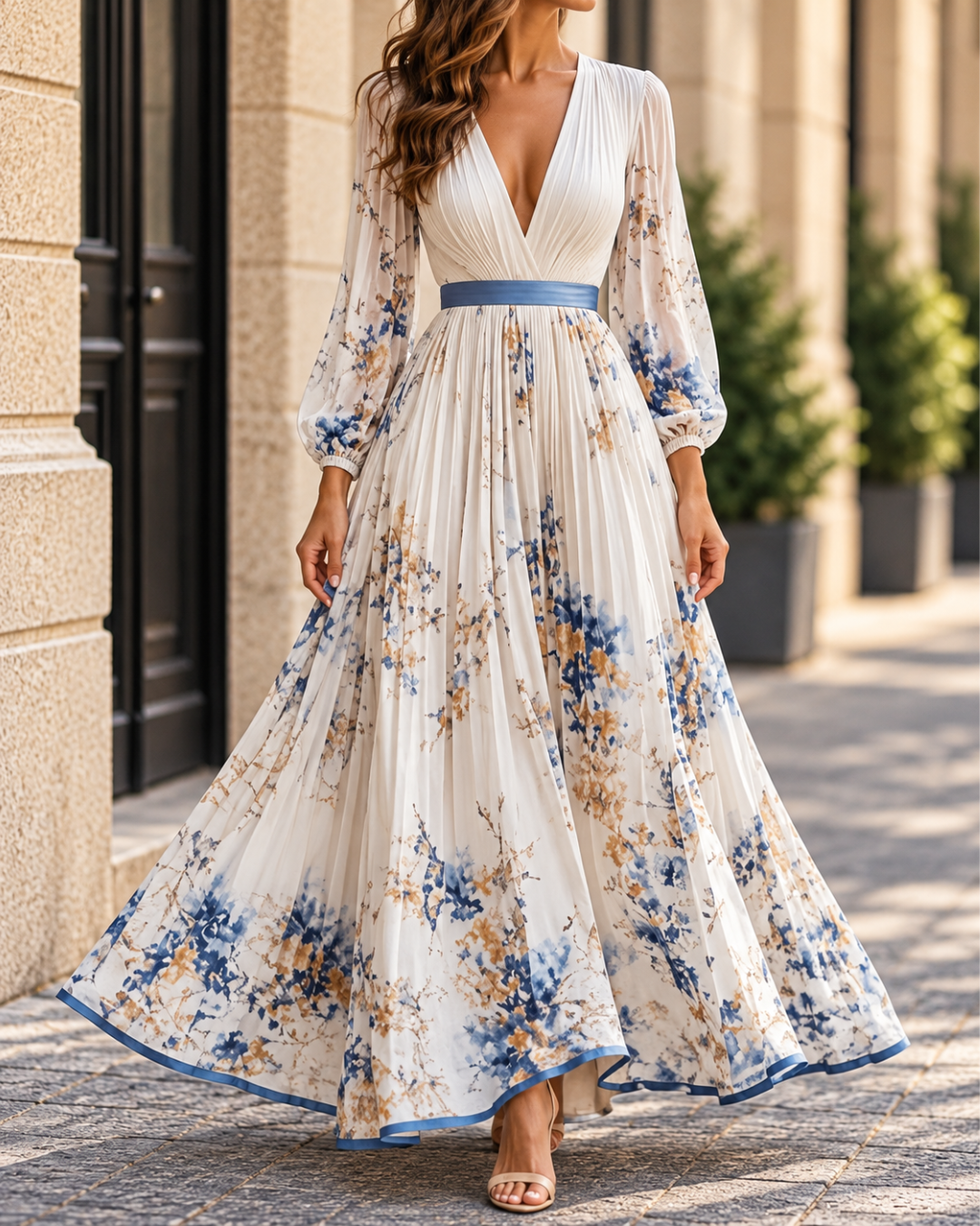 Robe longue fleurie femme blanche à motifs floraux bleus et dorés, col V, manches longues, taille cintrée et jupe plissée évasée.
