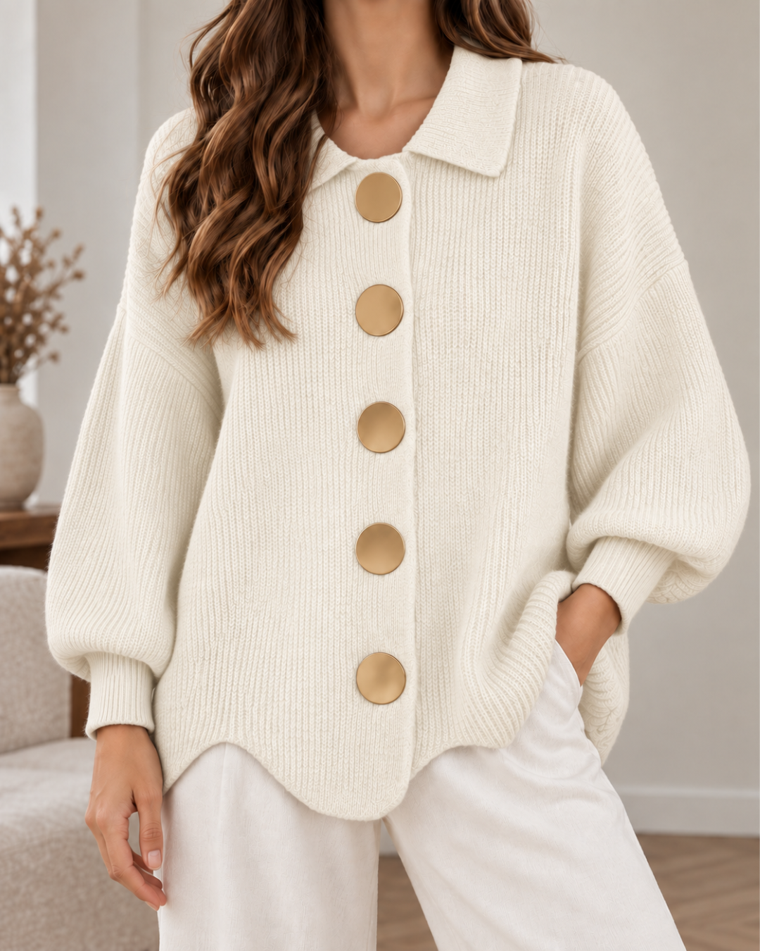 Pull oversize femme ivoire en maille côtelée, à col chemise, manches longues bouffantes et gros boutons dorés, porté avec un pantalon blanc.