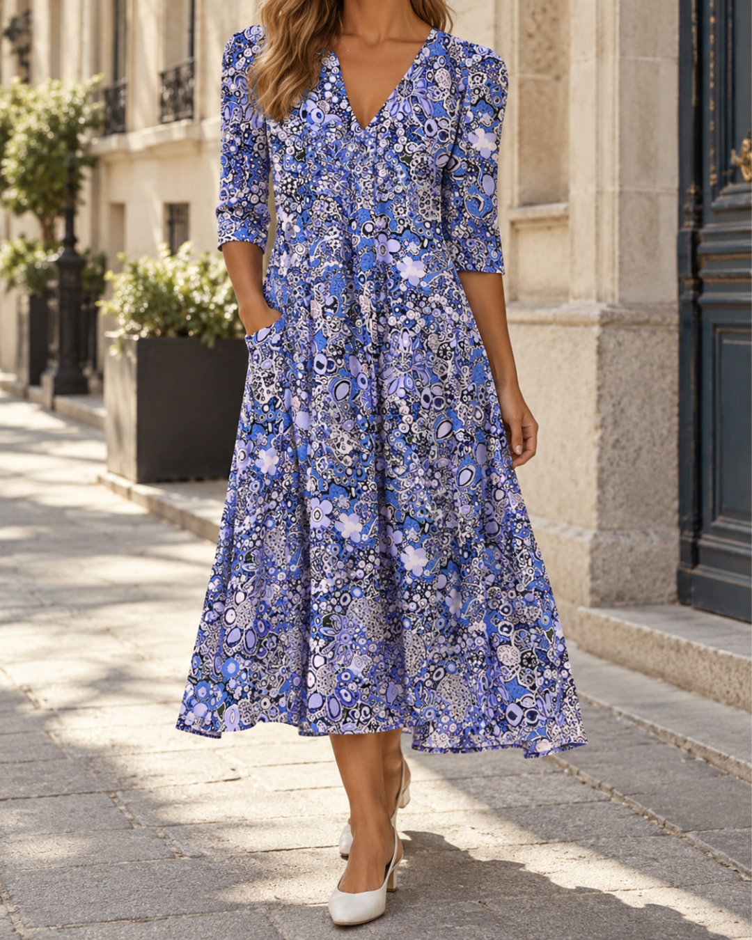 Robe longue fleurie femme bleue à col V, manches trois-quarts, taille ajustée, poches latérales et jupe évasée mi-mollet.