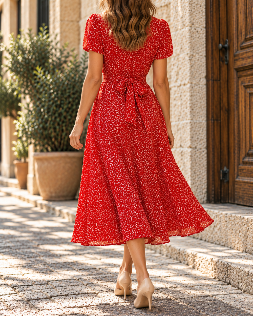 Robe midi femme rouge à imprimé floral blanc, col V, manches courtes bouffantes, taille cintrée et jupe fluide évasée.