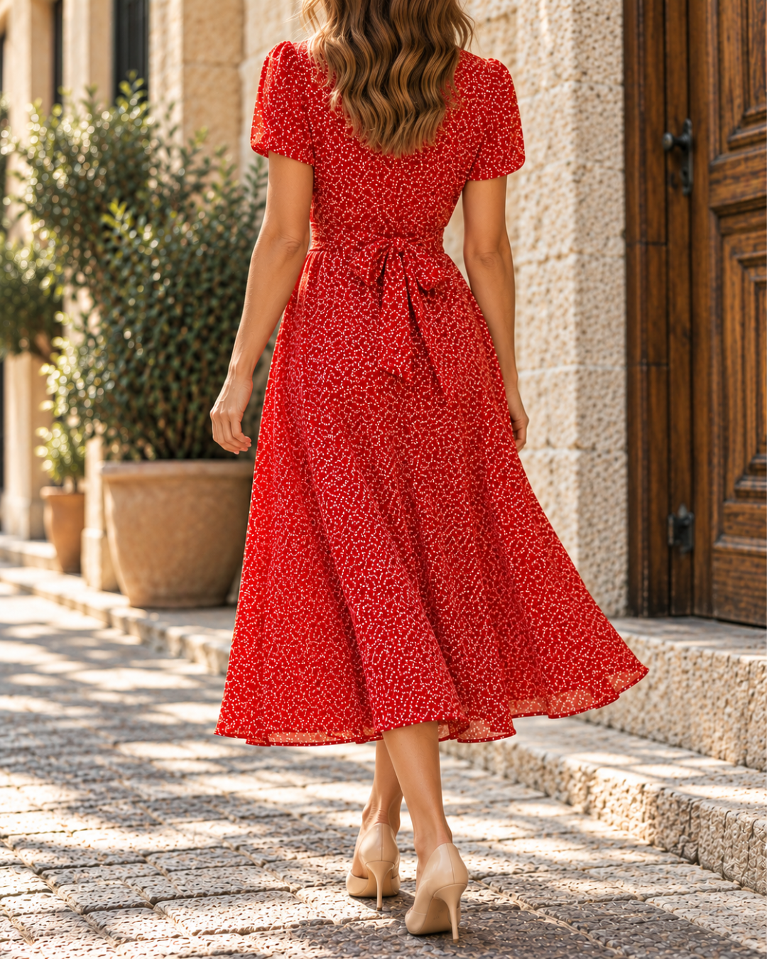 Robe midi femme rouge à imprimé floral blanc, col V, manches courtes bouffantes, taille cintrée et jupe fluide évasée.