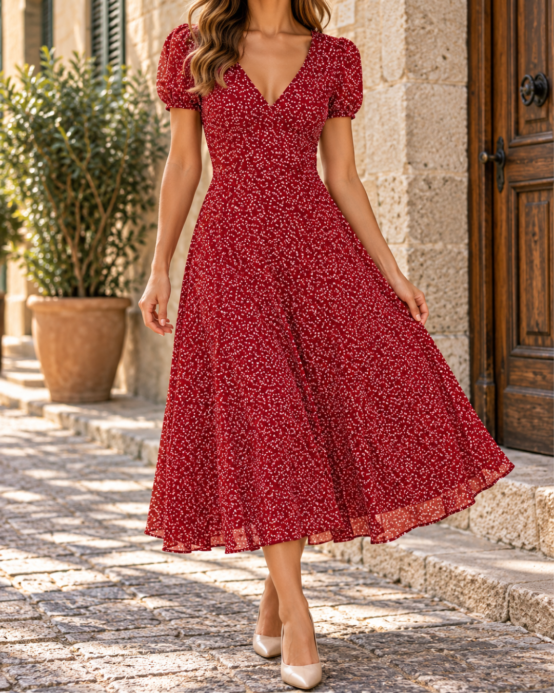 Robe midi femme rouge vin à imprimé floral blanc, col V, manches courtes bouffantes, taille cintrée et jupe fluide évasée.