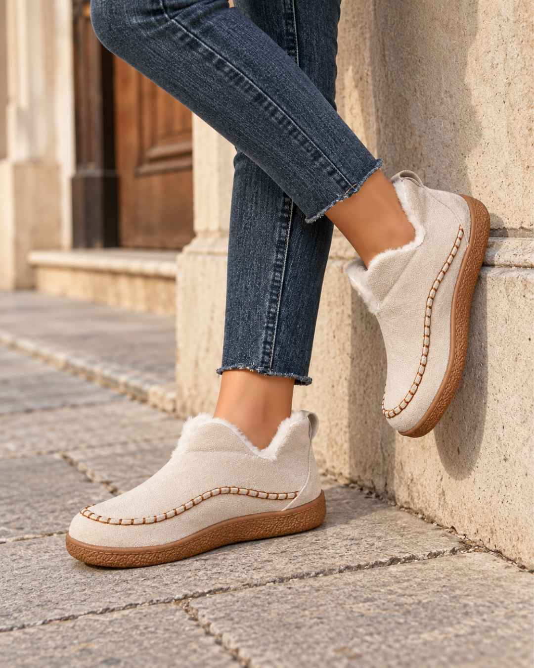 Mocassins femme ivore en suédine, doublure en fausse fourrure blanche, coutures apparentes et semelle épaisse marron texturée.