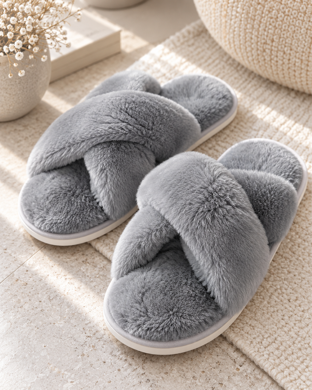 Chaussons femme en fausse fourrure douce à brides croisées