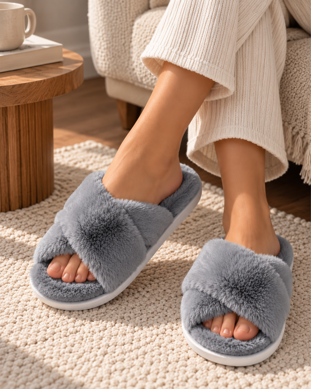 Chaussons femme en fausse fourrure douce à brides croisées