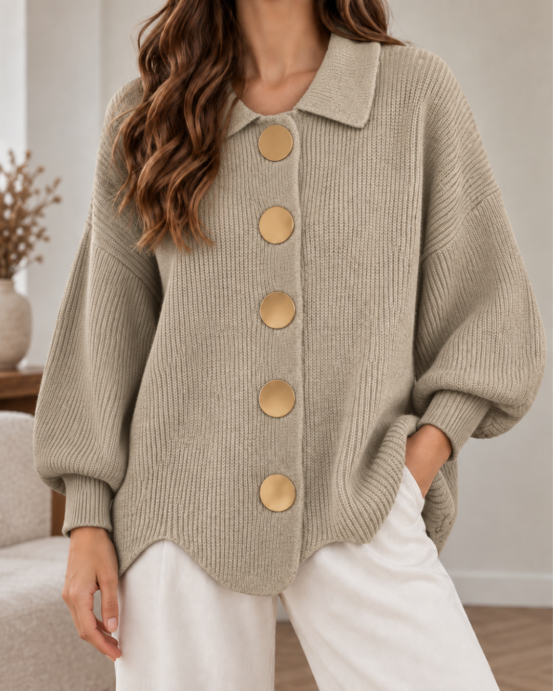 Pull oversize femme taupe clair en maille côtelée, à col chemise, manches longues bouffantes et gros boutons dorés, porté avec un pantalon blanc.