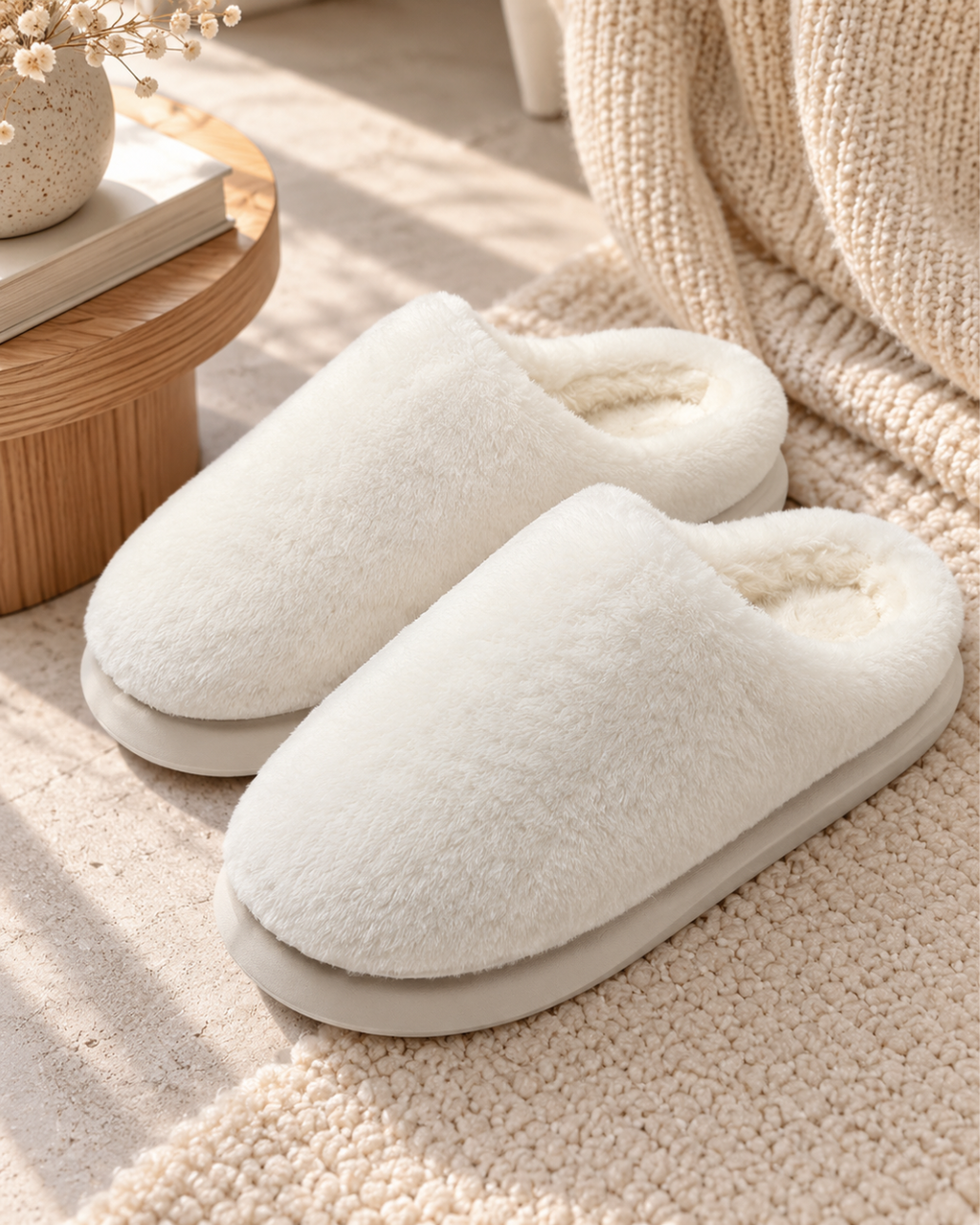 Chaussons femme blancs en fausse fourrure douce, à bout fermé, intérieur moelleux et semelle épaisse beige clair.