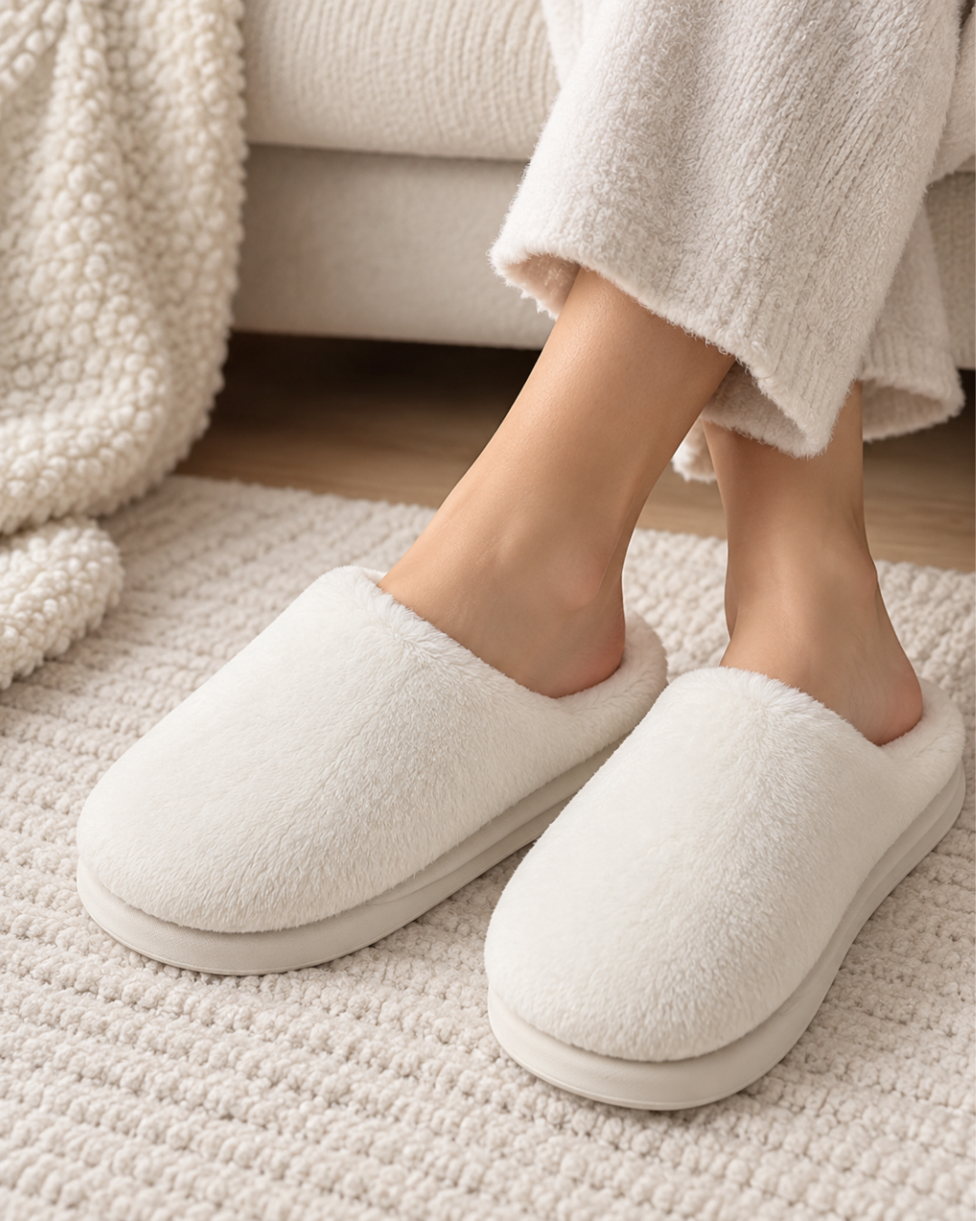 Chaussons femme blancs en fausse fourrure douce, à bout fermé, intérieur moelleux et semelle épaisse beige clair.
