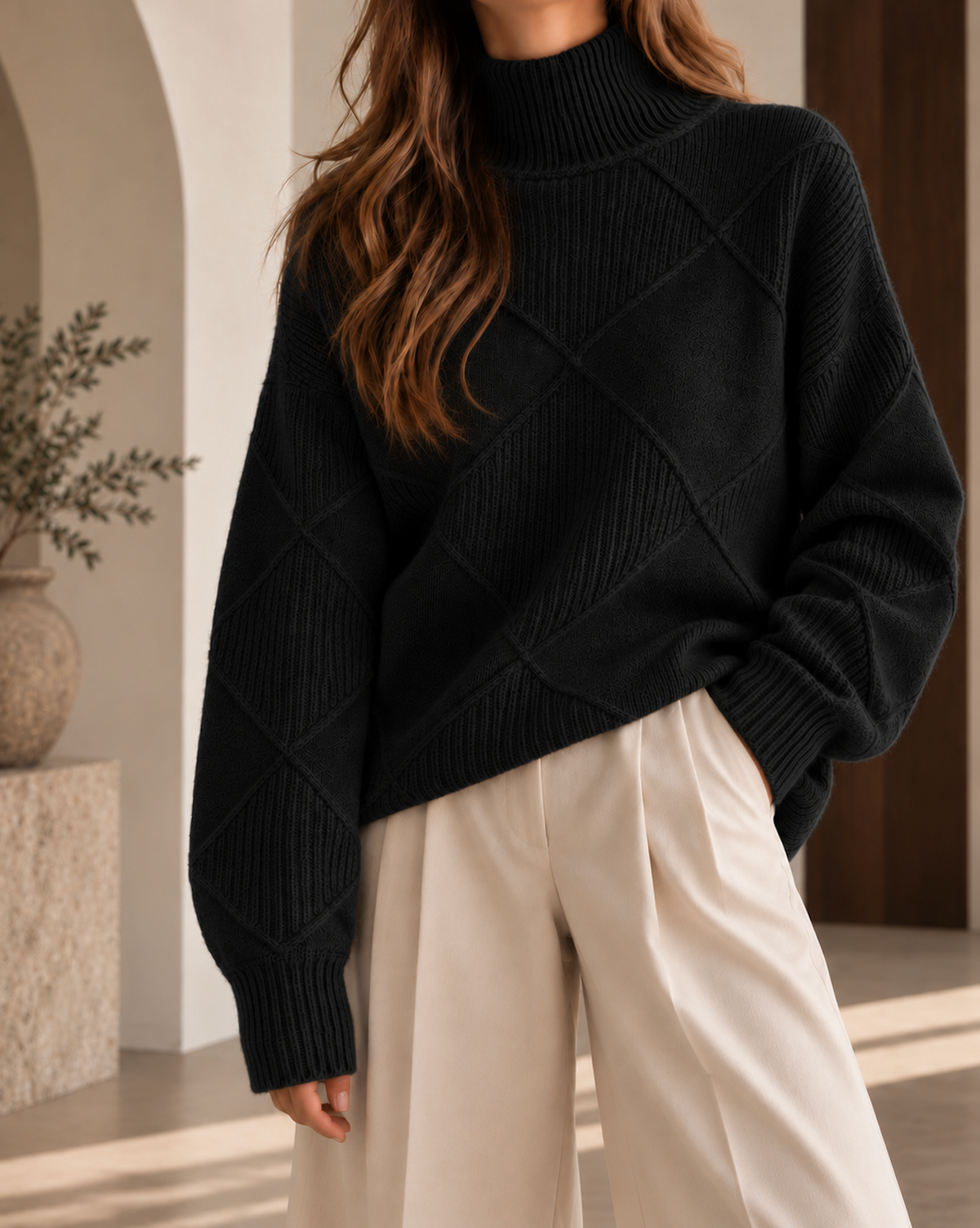Pull oversize femme noir à col roulé, motif losanges en maille texturée et manches longues à coupe ample.
