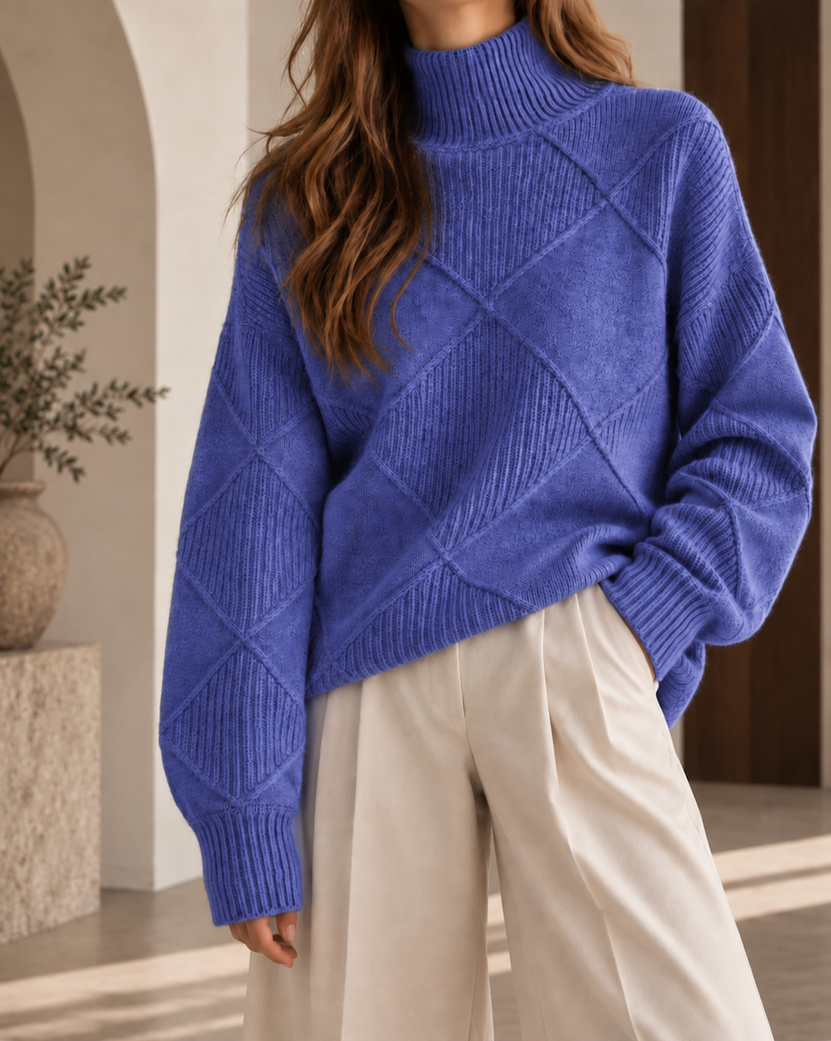 Pull oversize femme bleu à col roulé, motif losanges en maille texturée et manches longues à coupe ample.