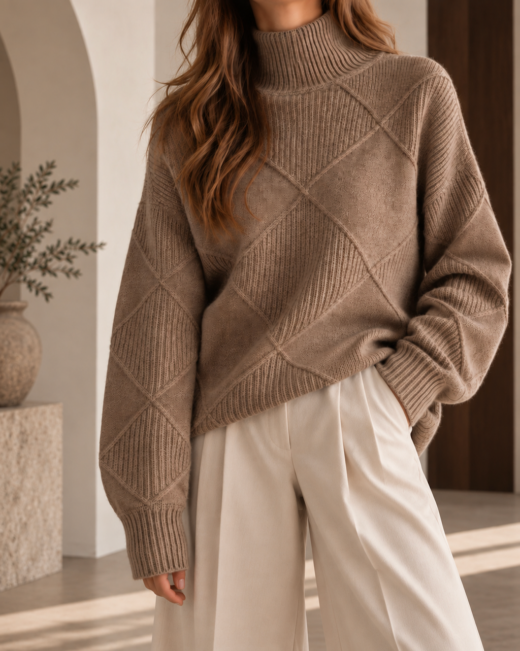 Pull oversize femme marron à col roulé, motif losanges en maille texturée et manches longues à coupe ample.