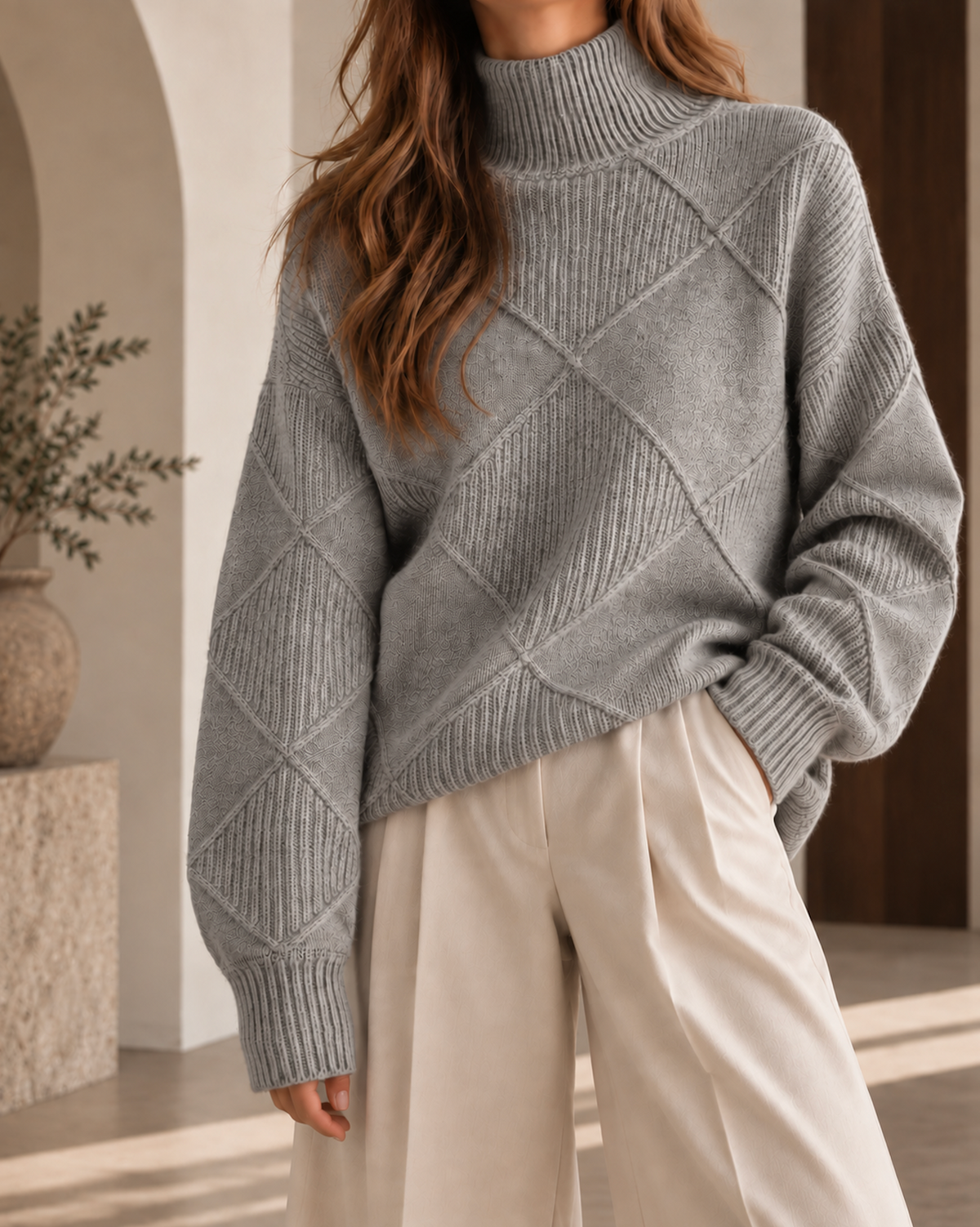 Pull oversize femme gris à col roulé, motif losanges en maille texturée et manches longues à coupe ample.