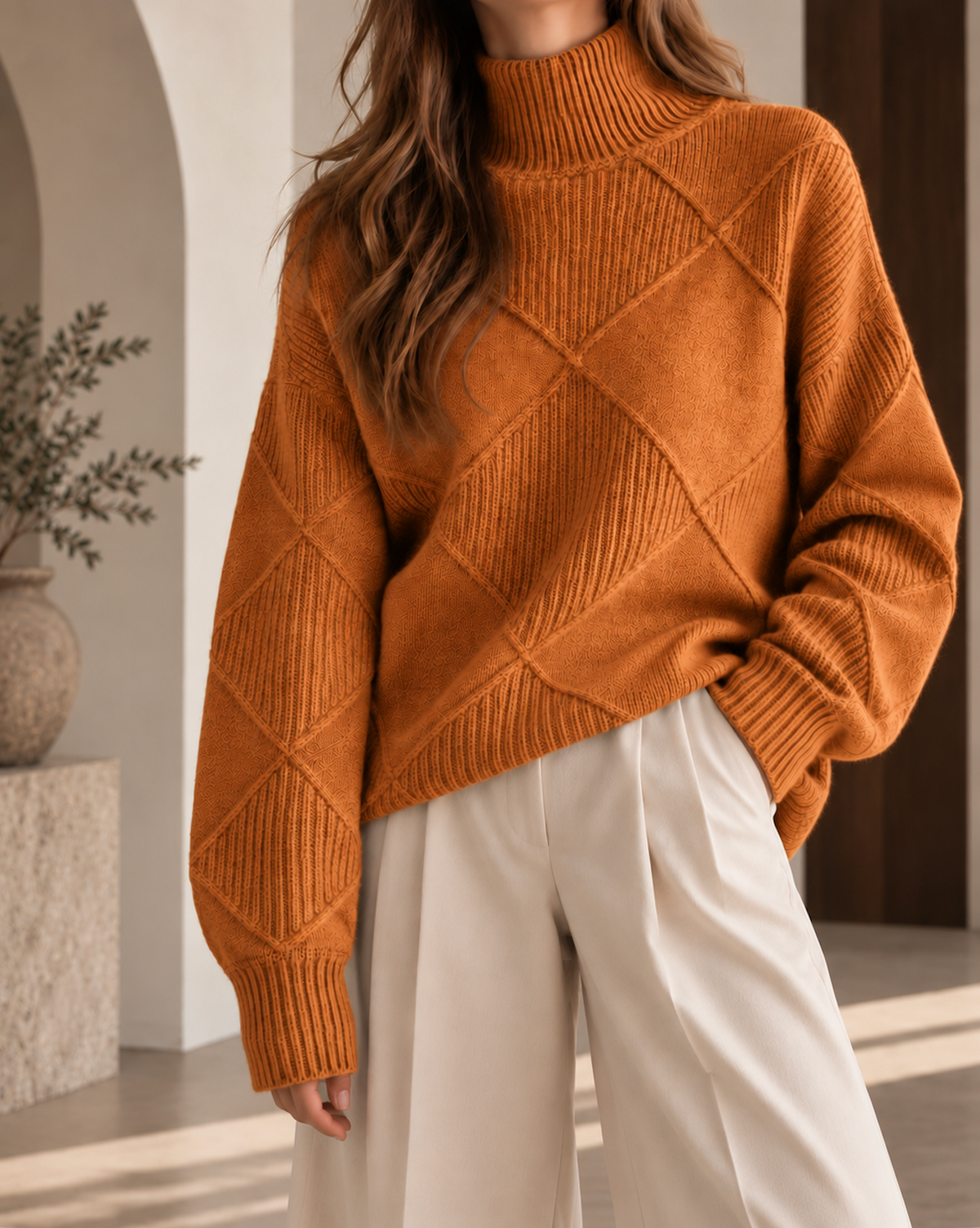 Pull oversize femme orange à col roulé, motif losanges en maille texturée et manches longues à coupe ample.
