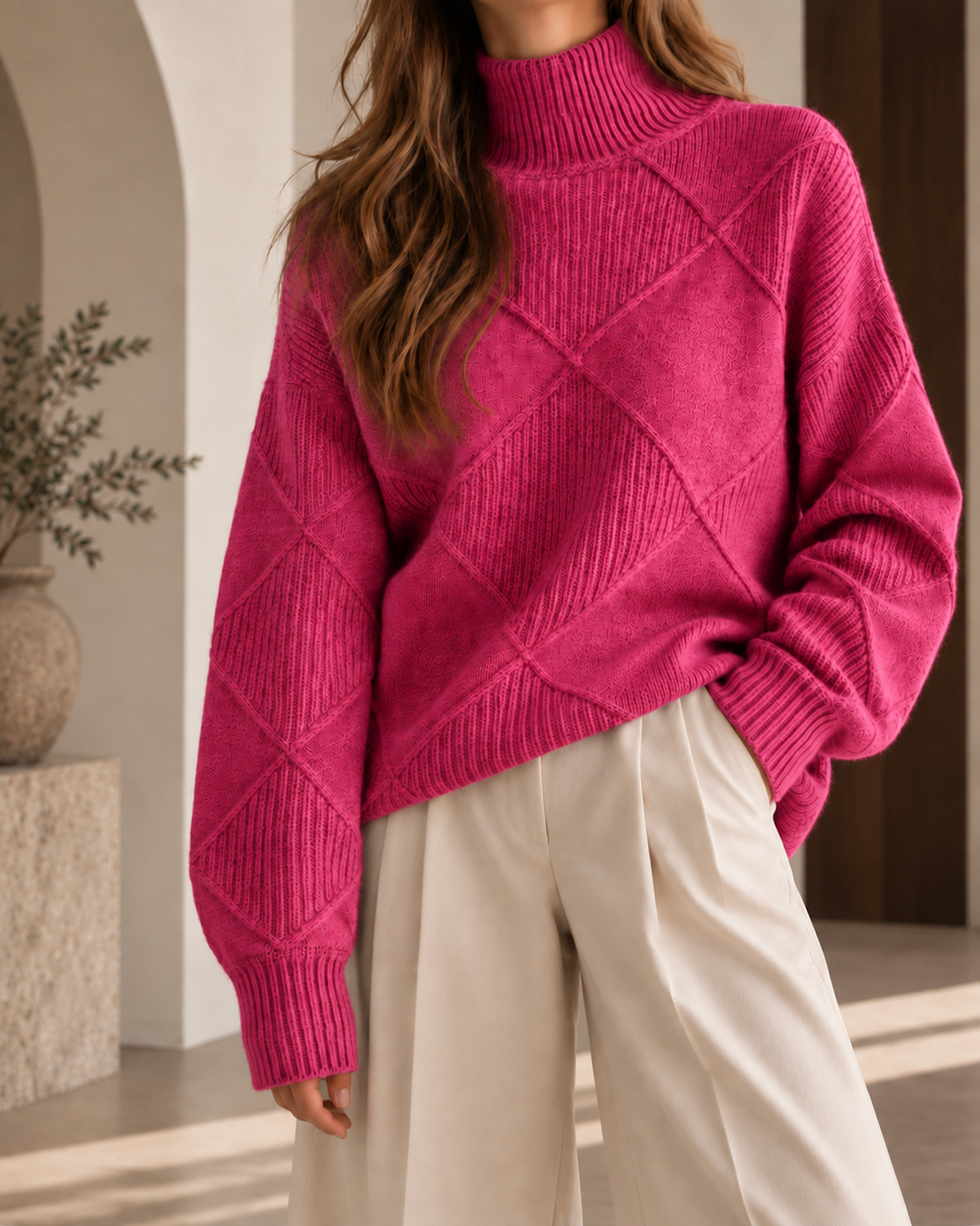 Pull oversize femme rose fuchsia à col roulé, motif losanges en maille texturée et manches longues à coupe ample.