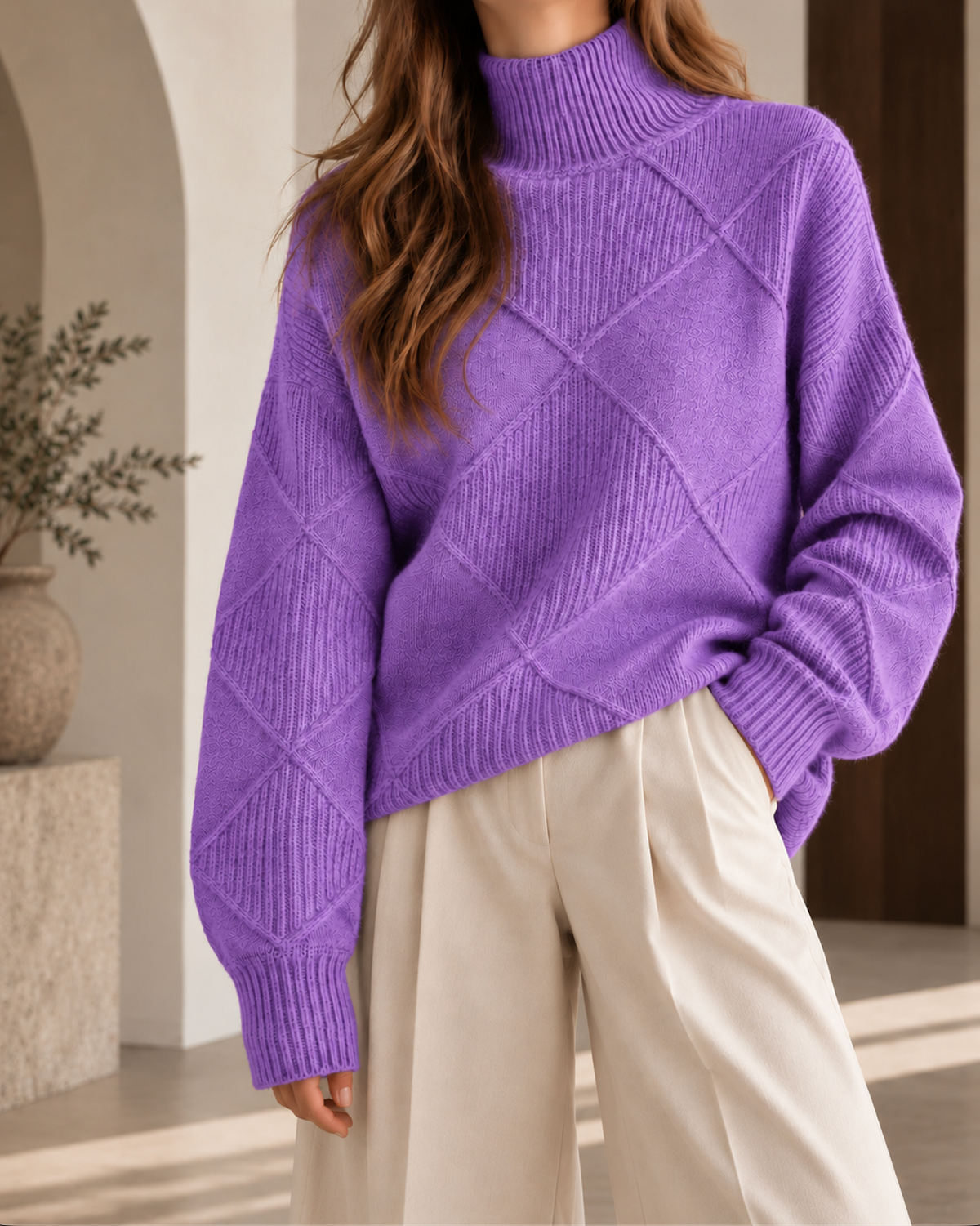 Pull oversize femme violet à col roulé, motif losanges en maille texturée et manches longues à coupe ample.