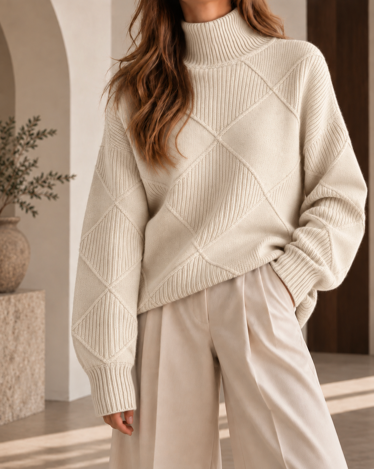 Pull oversize femme blanc à col roulé, motif losanges en maille texturée et manches longues à coupe ample.