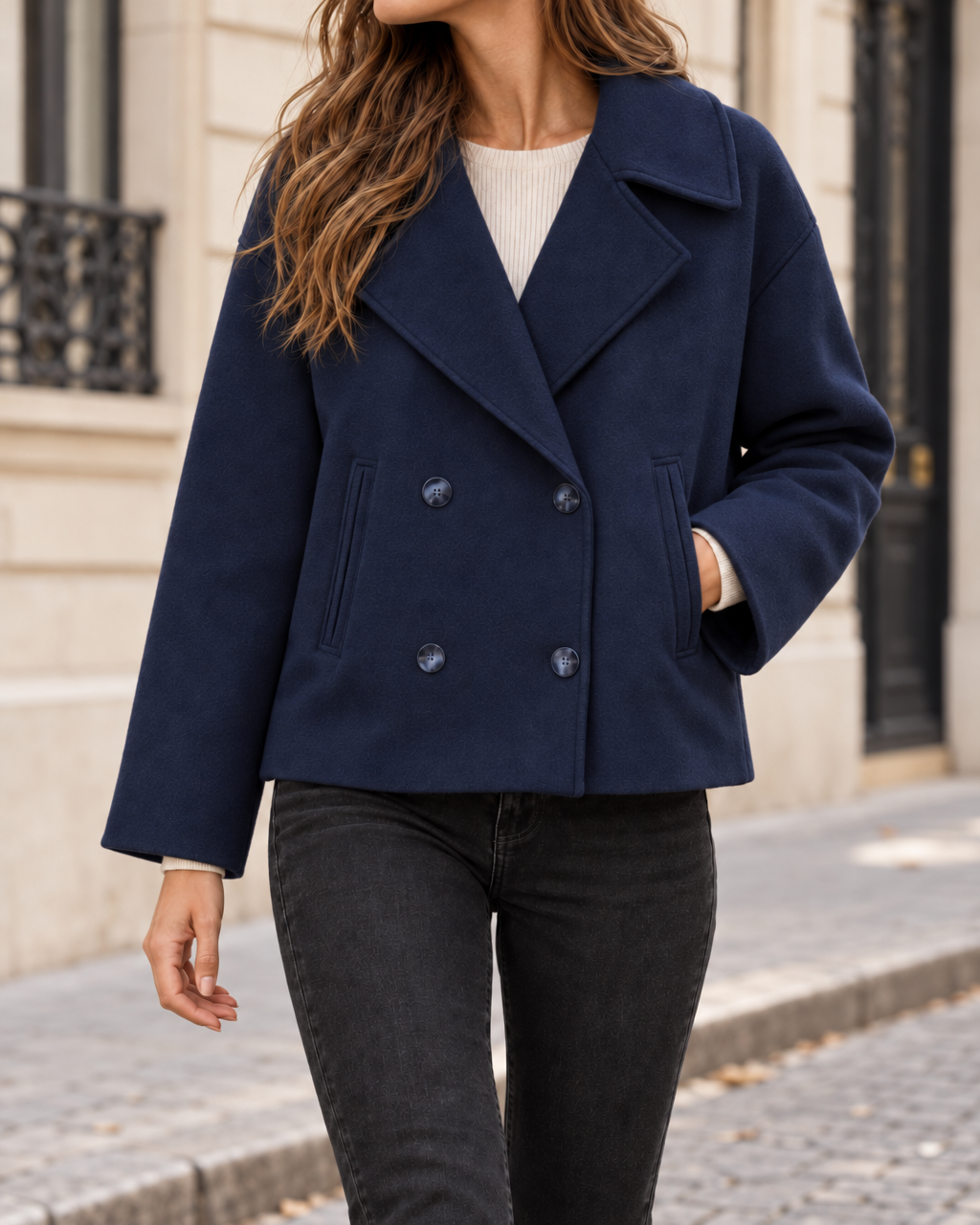 Manteau Court Femme à Double Boutonnage et Col Revers - Chemise bleue avec boutons bleus