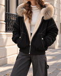 Veste Bomber Femme Hiver Oversize Capuche Bordée de Fourrure