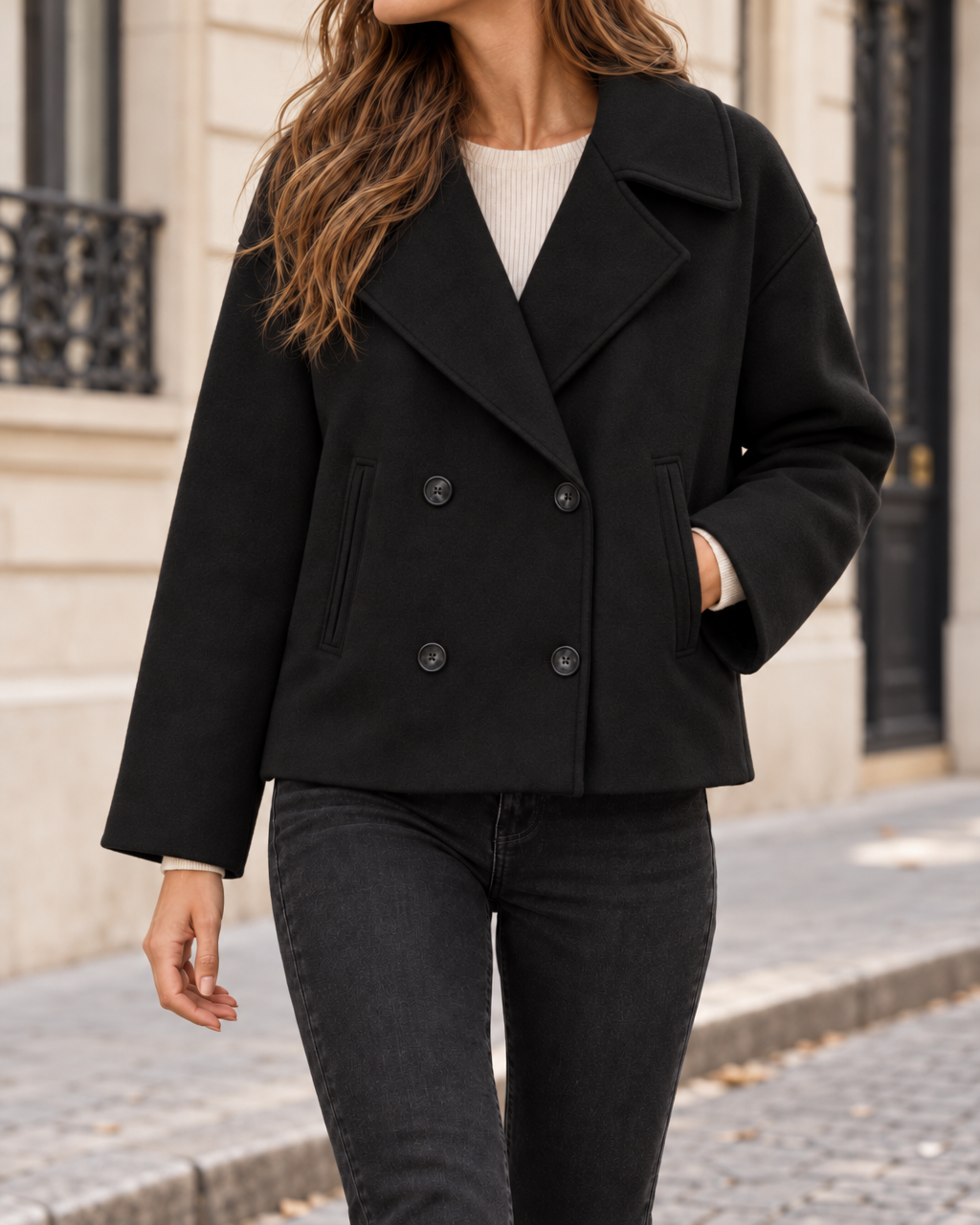 Manteau Court Femme à Double Boutonnage et Col Revers - Noir A
