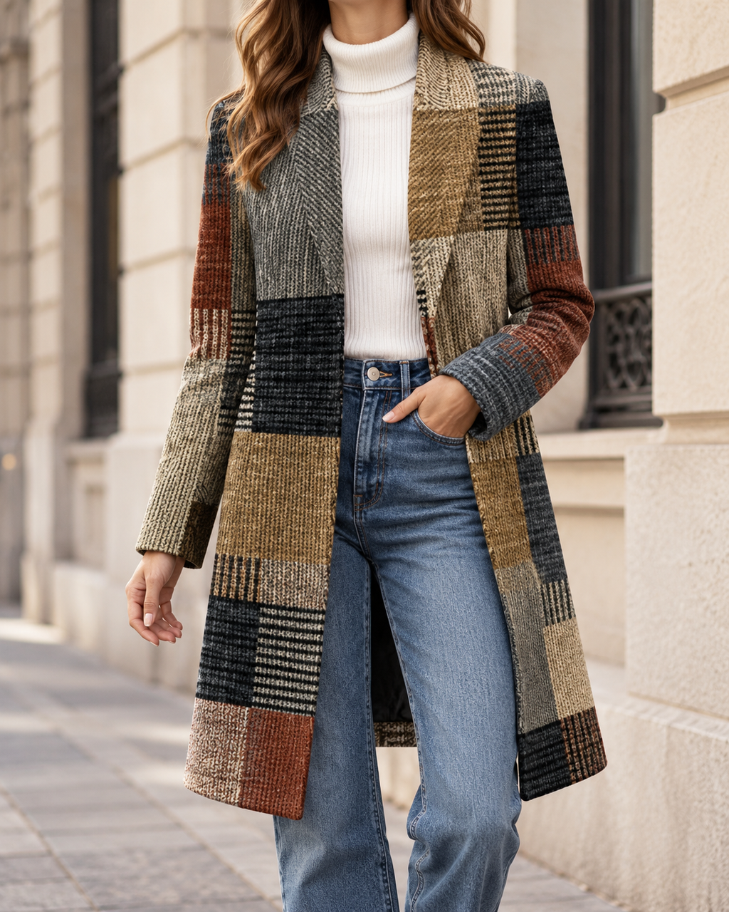Manteau Mi-Long Femme à Carreaux Élégant et Tendance
