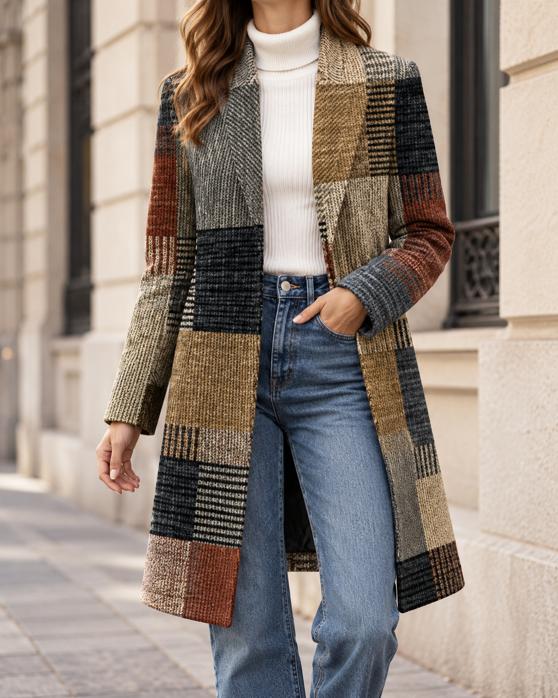 Manteau Mi-Long Femme à Carreaux Élégant et Tendance