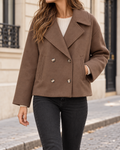 Manteau Court Femme à Double Boutonnage et Col Revers - Marron