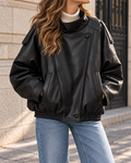 Blouson Femme Oversize Effet Cuir à Col Montant - Black