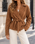 Veste Femme Effet Daim Ceinturée à Larges Revers - Light brown