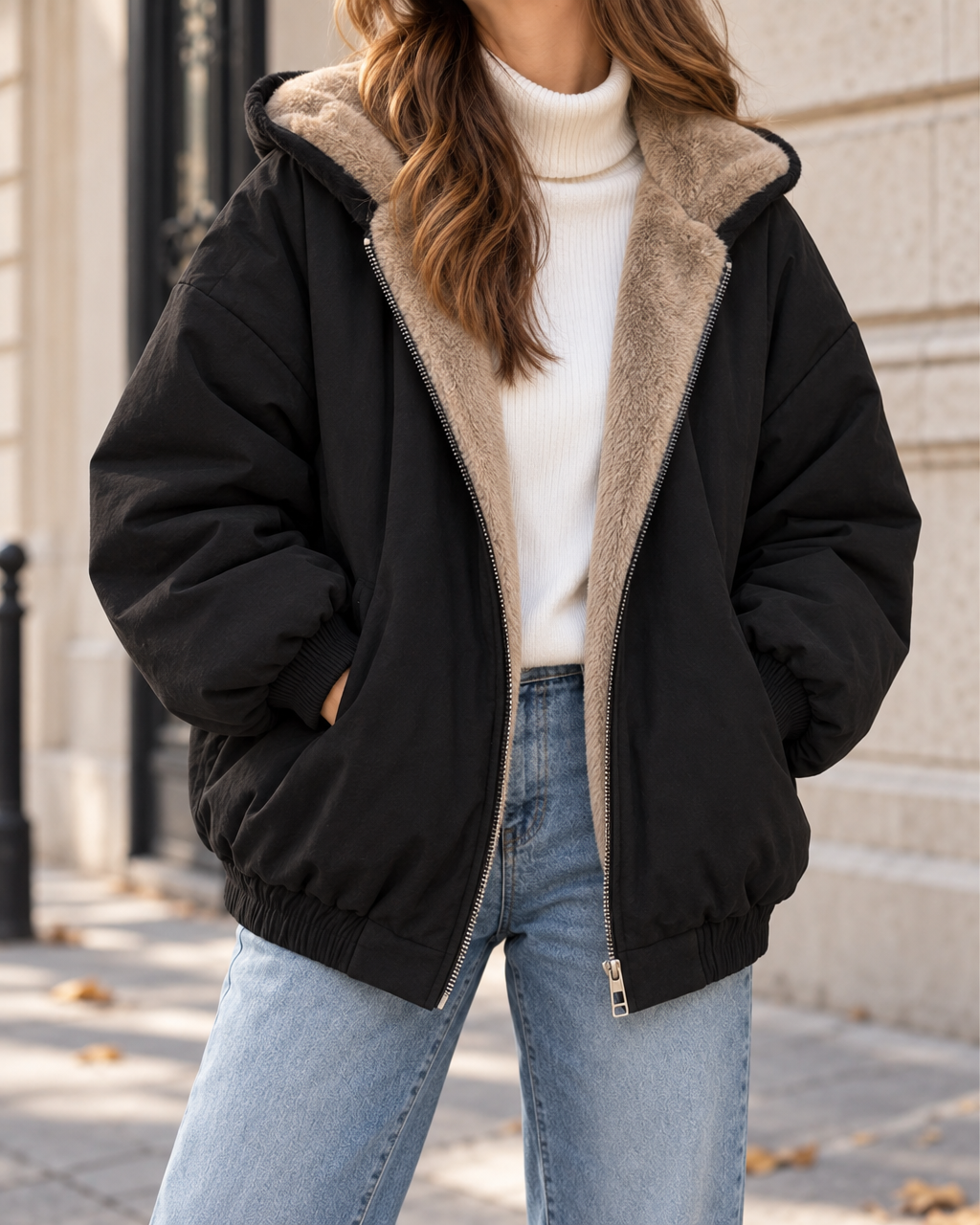 Blouson Femme Oversize Zippé à Capuche et Doublure Douce - Black
