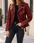 Blouson Perfecto Femme Effet Cuir à Fermeture Asymétrique - Rouge