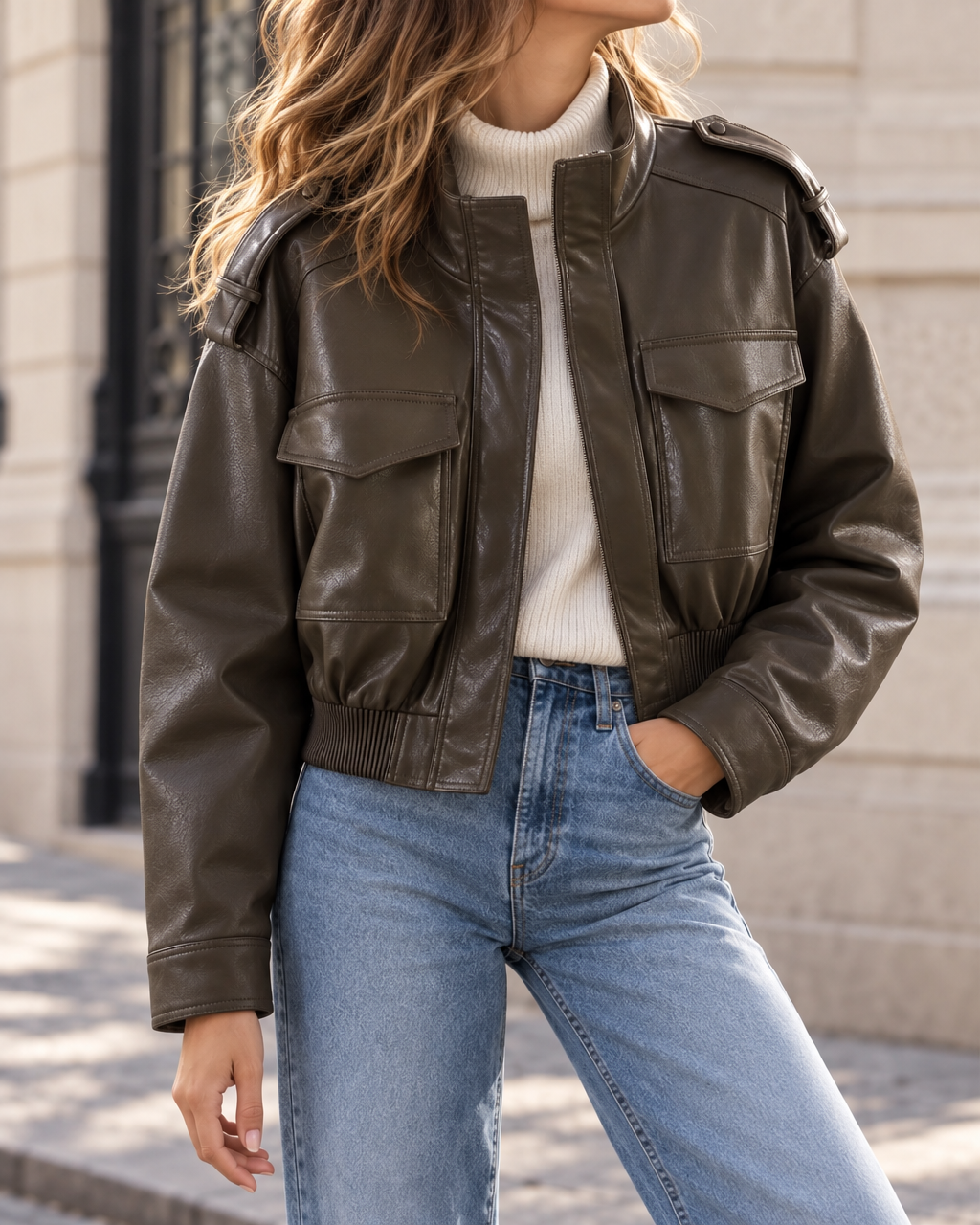 Blouson Femme Effet Cuir à Col Montant et Poches - A