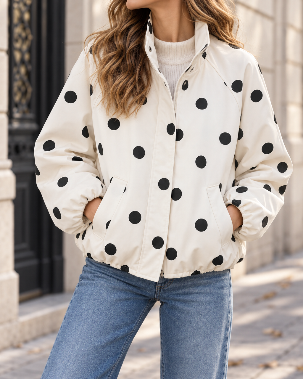 Blouson Femme Ample à Pois avec Col Montant - White