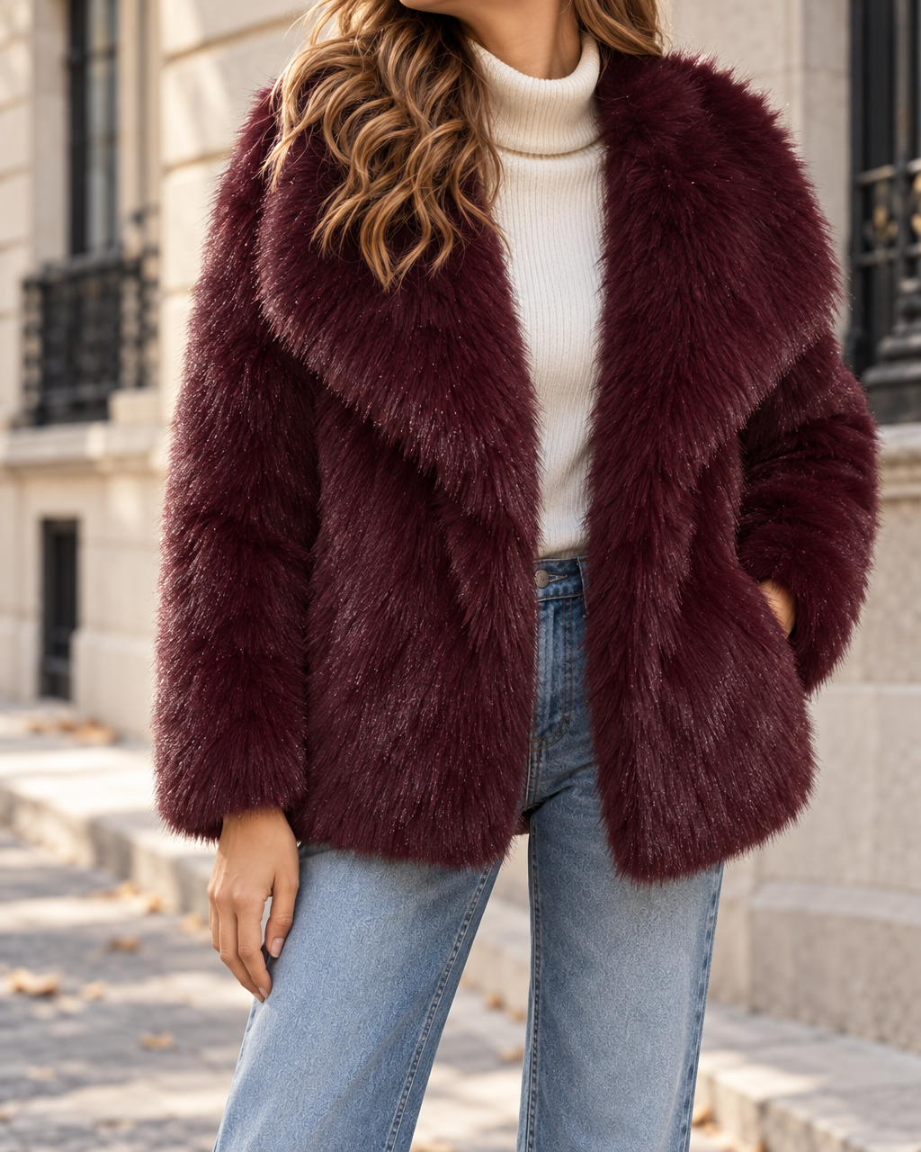 Veste Femme en Fausse Fourrure à Large Col - Wine Red