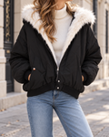 Blouson Femme Matelassé à Capuche Bordée de Fausse Fourrure - Black