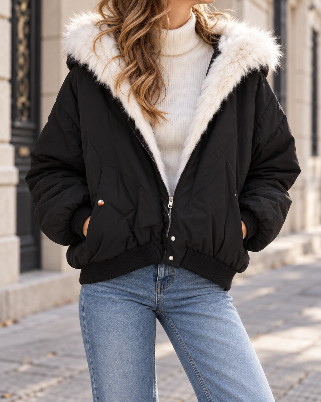Blouson Femme Matelassé à Capuche Bordée de Fausse Fourrure - Black