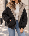 Blouson Femme Oversize Zippé à Col en Fausse Fourrure - Black Camel