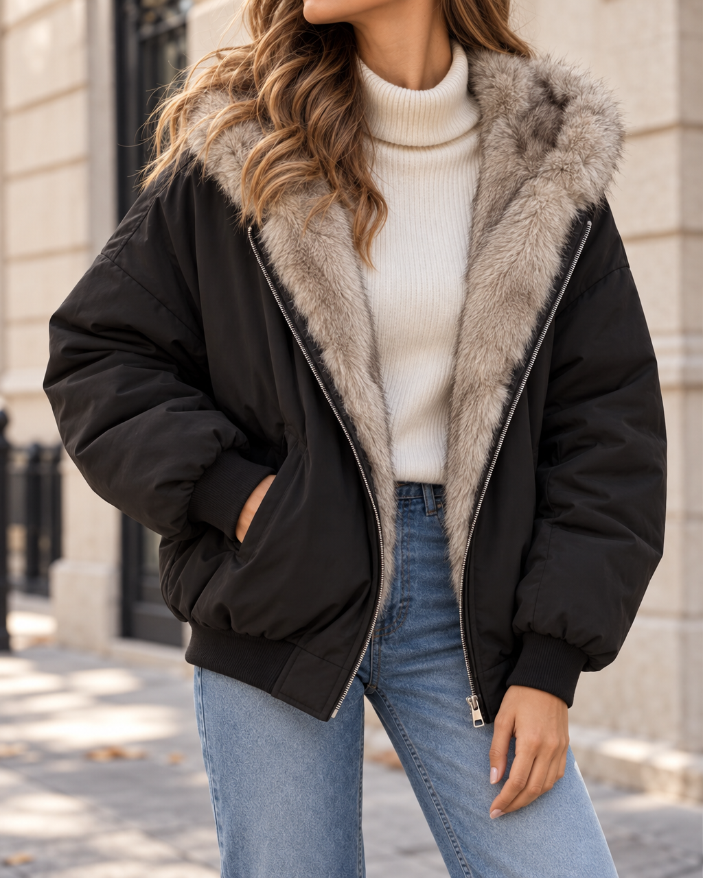 Blouson Femme Oversize Zippé à Col en Fausse Fourrure - Black Camel