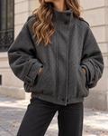 Blouson Femme Oversize à Col Montant et Poignets Boutonnés - Gray