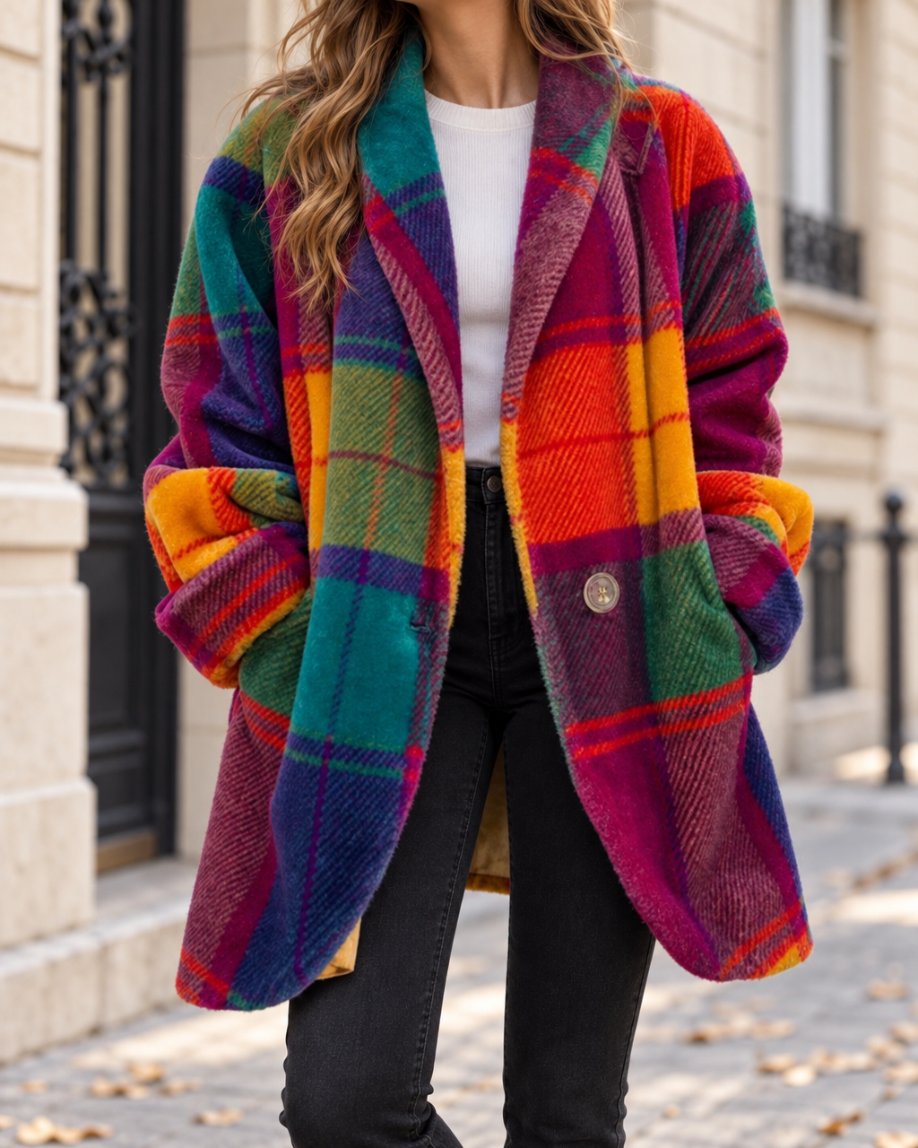 Manteau Femme Oversize à Carreaux avec Col Revers - Picture Color